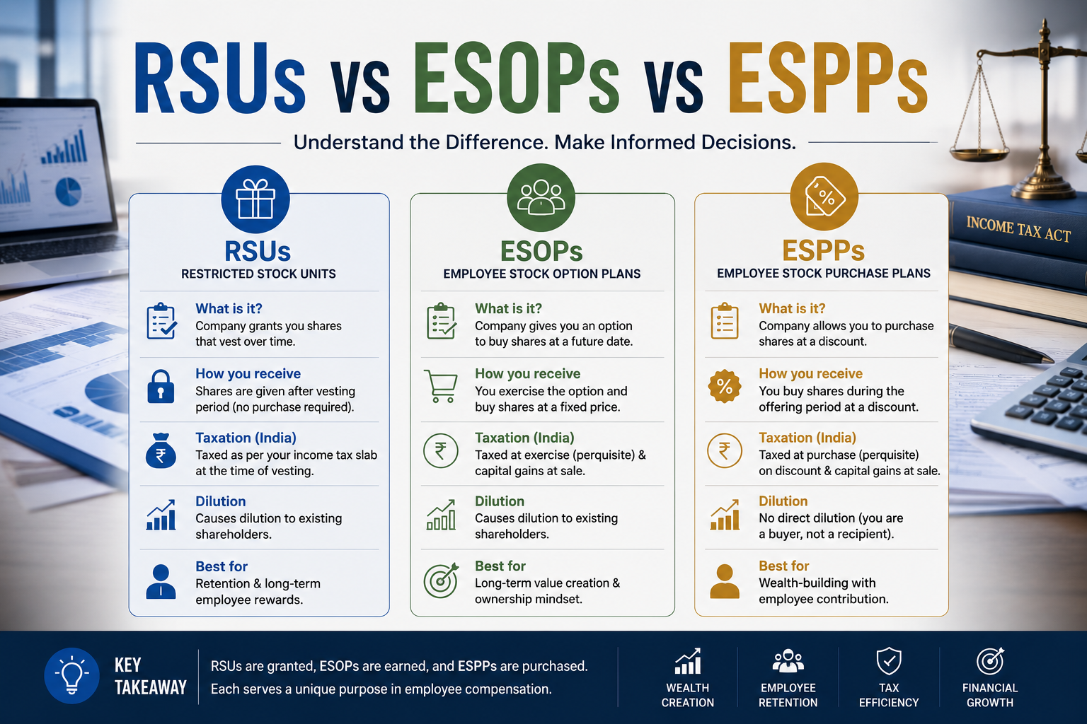 RSUs Vs ESOPs Vs ESPPs